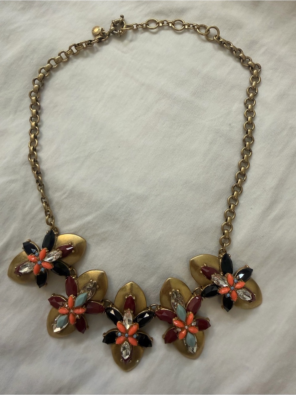 Jcrew Floral Statement Necklace in Gold with Multicolor Gem Accents
